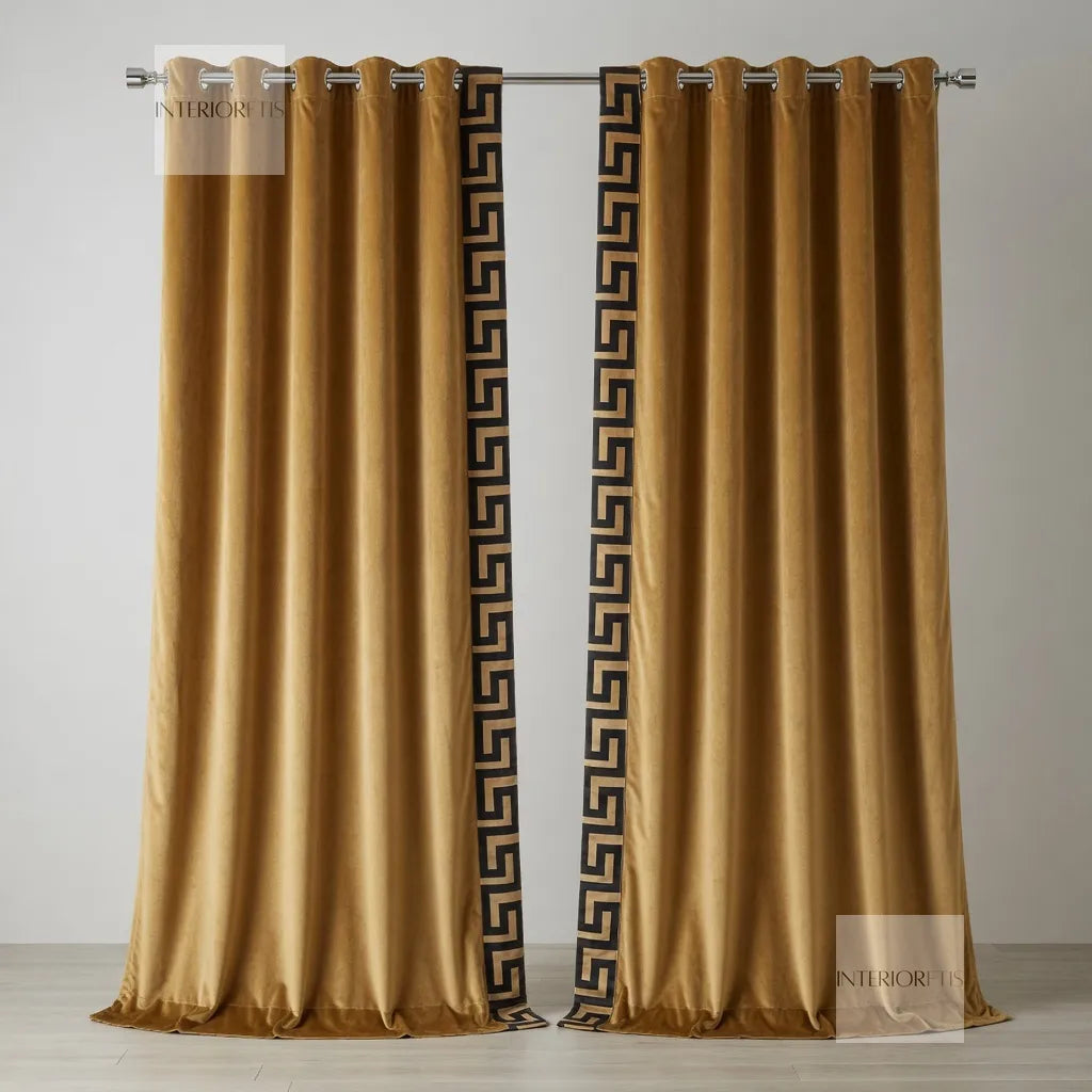 Gold curtains with a black geometric pattern on a gray background