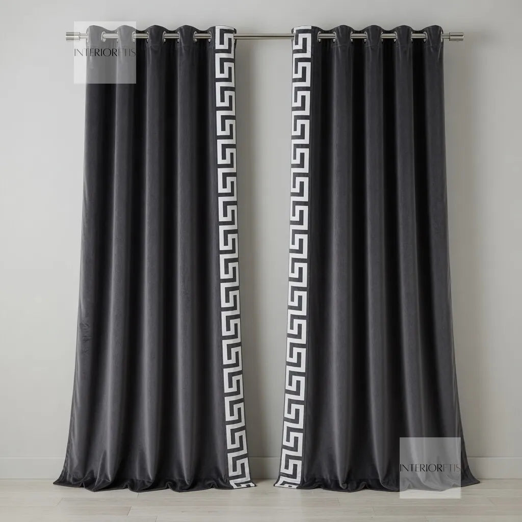 Gray curtains with white geometric patterns on a gray background