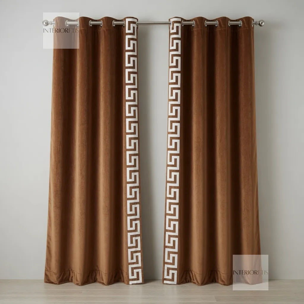 Pair of olive curtains with decorative white border on a gray background