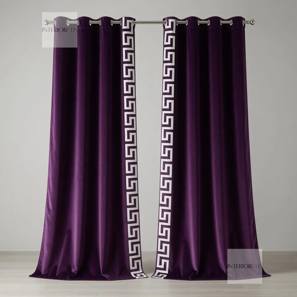 Pair of purple curtains with white geometric patterns on a gray background