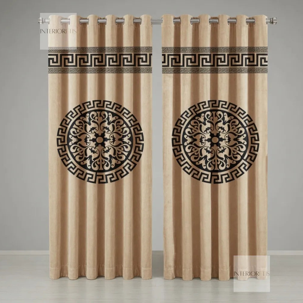 Pair of beige curtains with decorative black patterns on a gray background