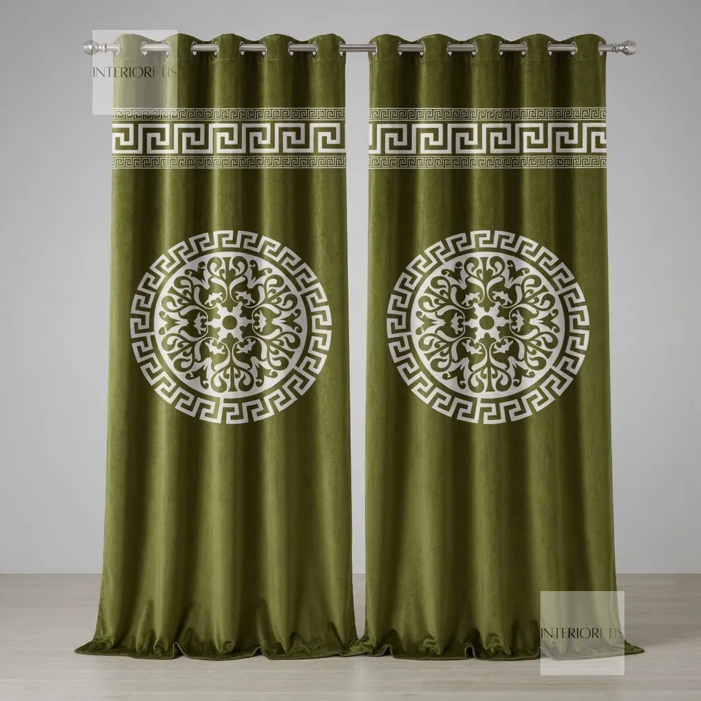 Pair of brown curtains with decorative patterns on a plain background