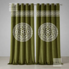 Pair of brown curtains with decorative patterns on a plain background