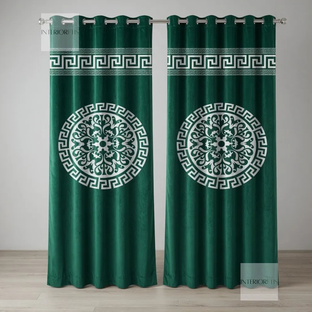 Pair of green curtains with white geometric patterns on a gray background