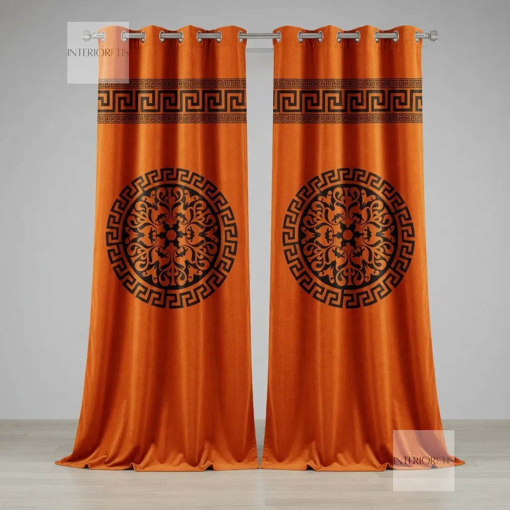 Pair of orange curtains with decorative patterns on a gray background