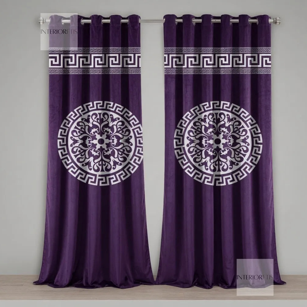 Pair of purple curtains with white decorative patterns on a gray background