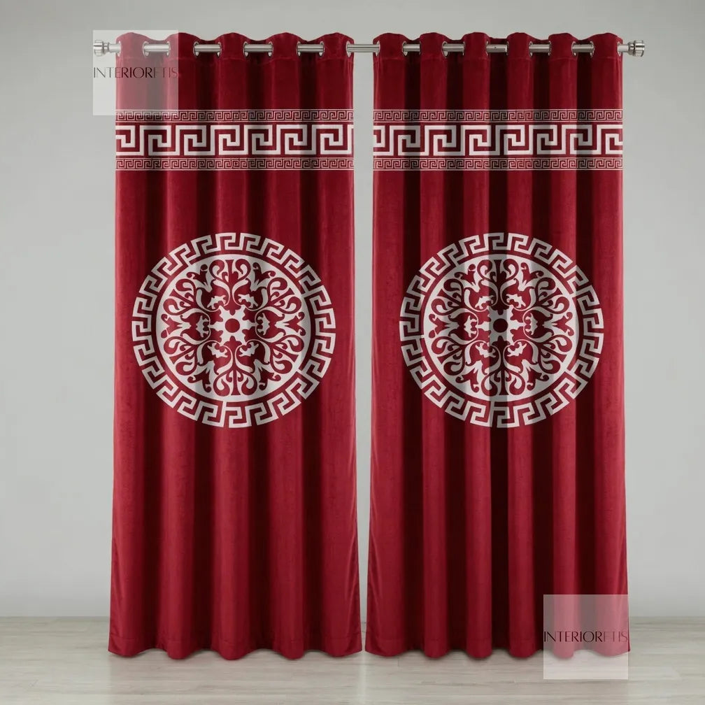 Red curtains with white geometric patterns on a gray background