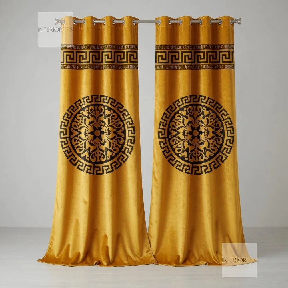 Gold curtains with black decorative patterns on a gray background