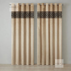 Pair of beige curtains with decorative band on a gray background