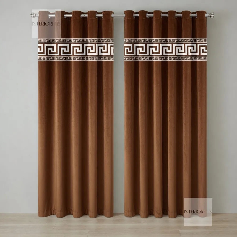 Pair of olive curtains with decorative banding on a neutral background