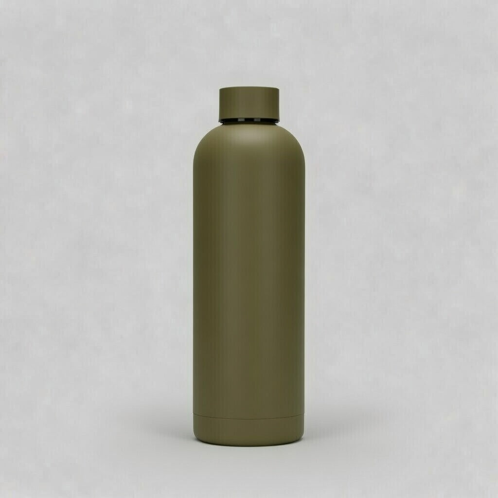 Green water bottle on a light gray background