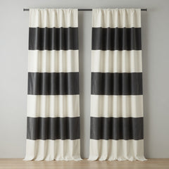 Grey & Cream Horizontal Striped Curtains – Elegant Velvet Curtains | INTERIORFITS