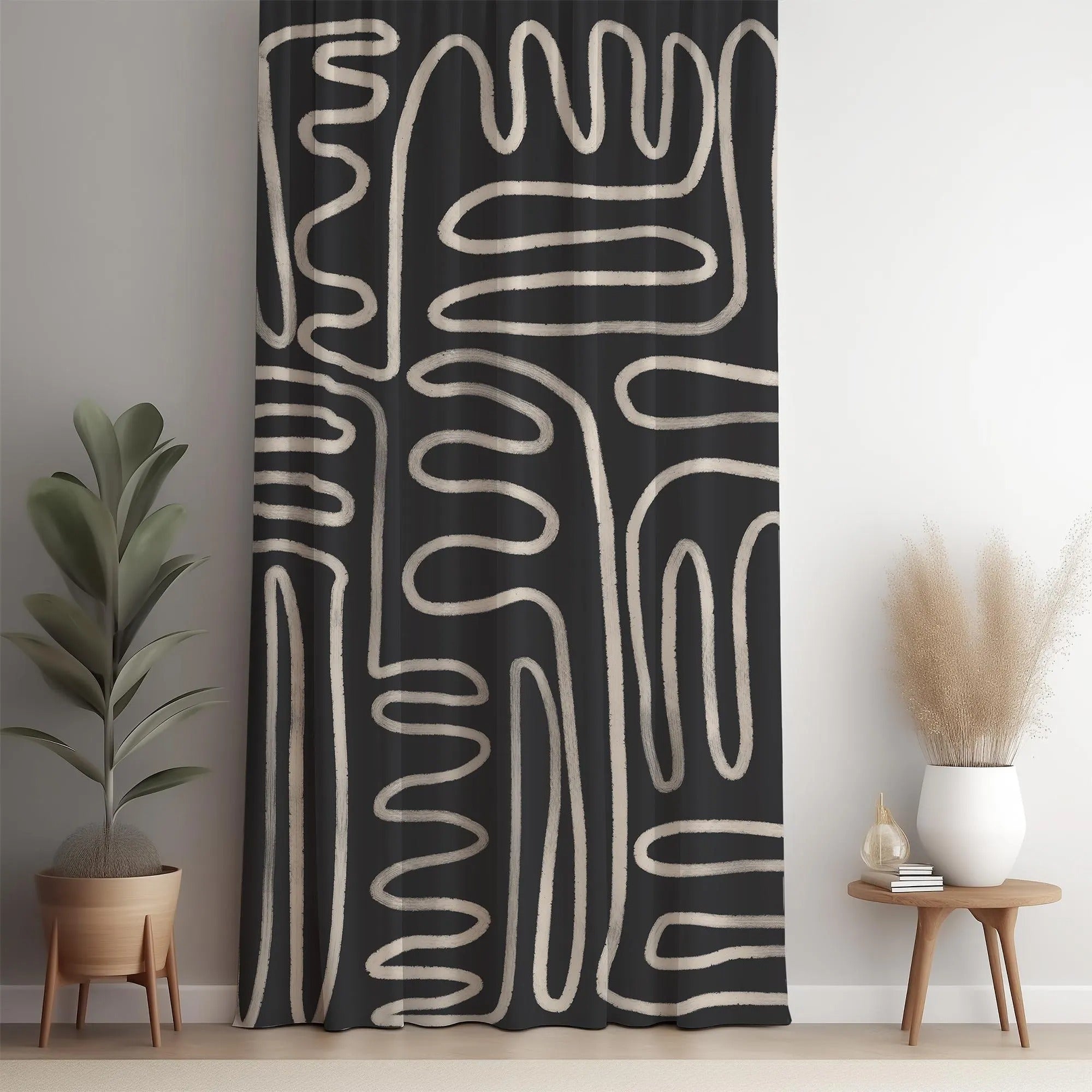 Black & White Squiggly Abstract Curtains – Modern Velvet Curtains | INTERIORFITS