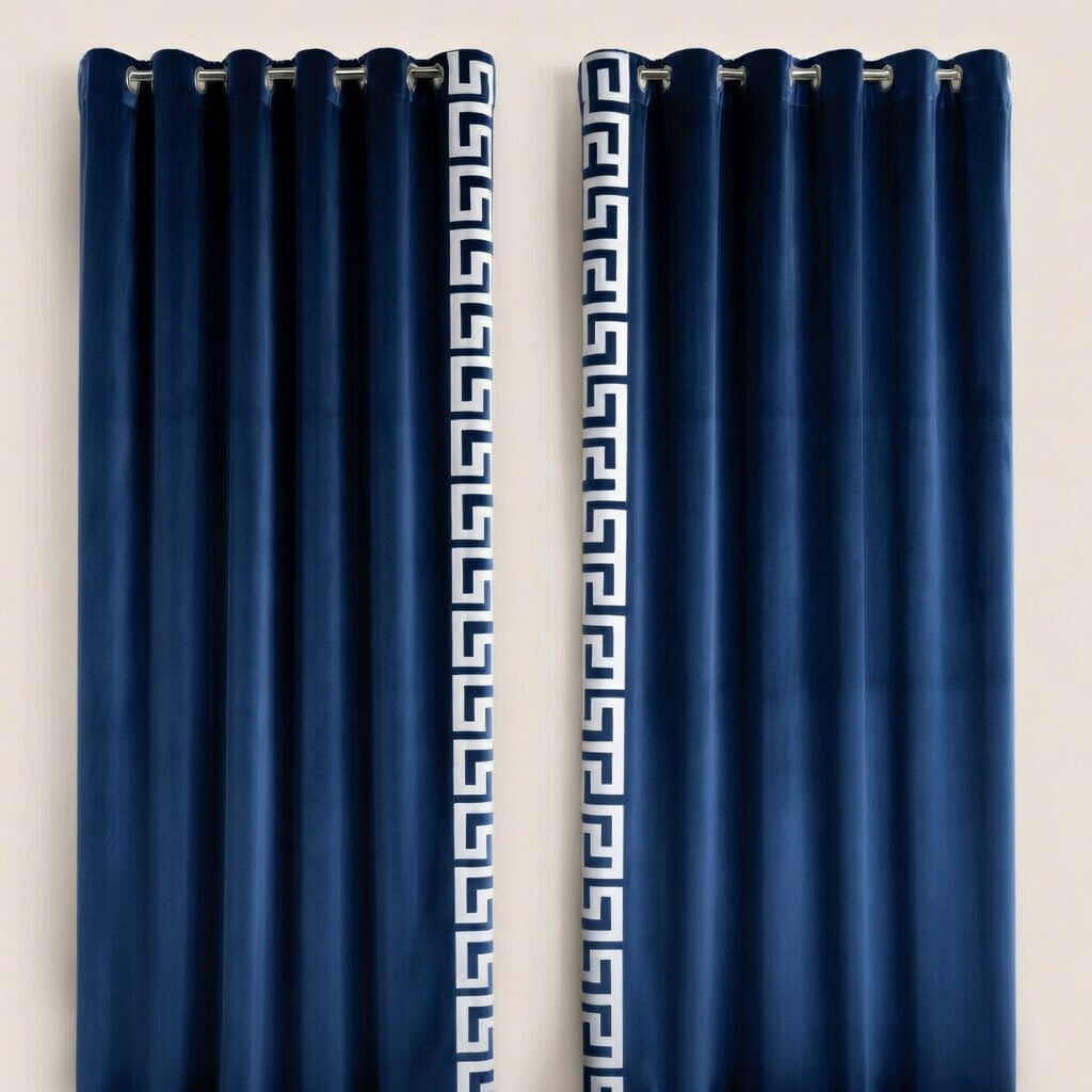 Pair of navy blue curtains with decorative white patterns on a beige background