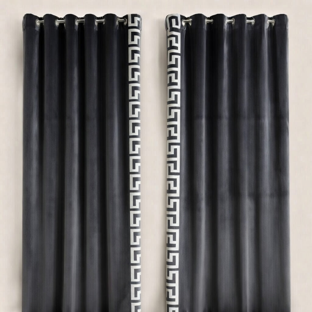 Grey curtains with white geometric patterns on a beige background