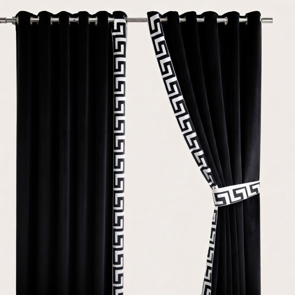 Black curtains with white geometric patterns on a beige background