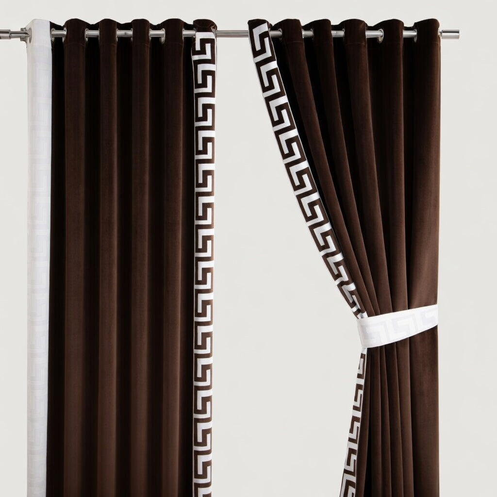 Brown curtains with decorative white patterns on a white background