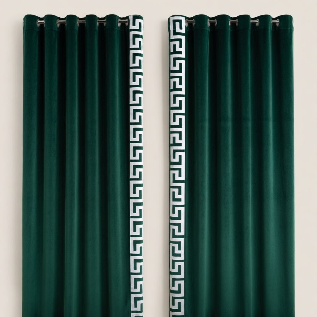 Pair of green curtains with decorative white patterns on a beige background