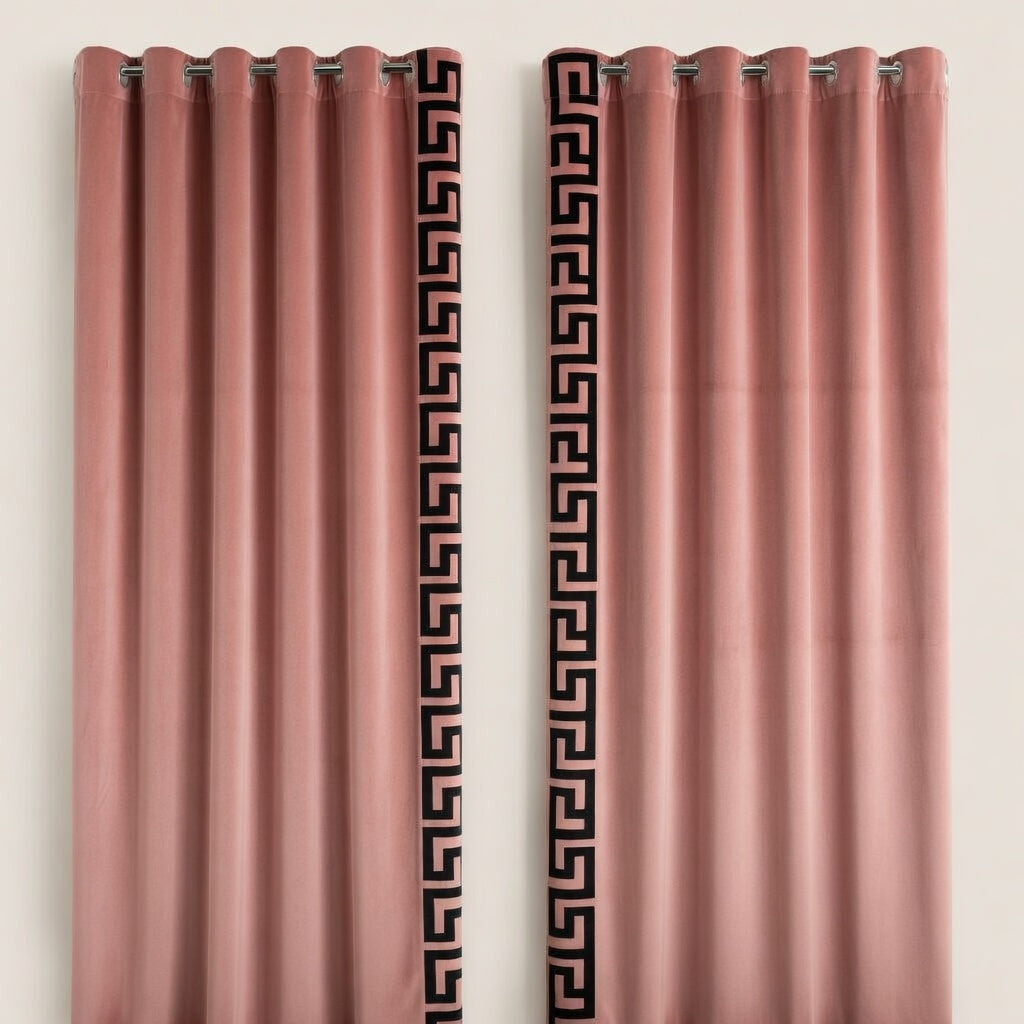 Pair of pink curtains with decorative black patterns on a beige background