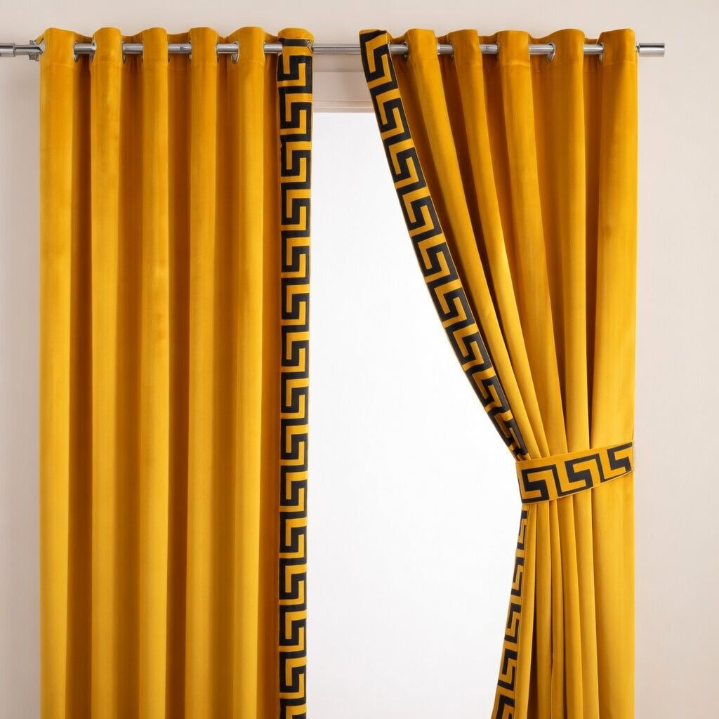 Mustard yellow curtains with decorative black patterns on a white background