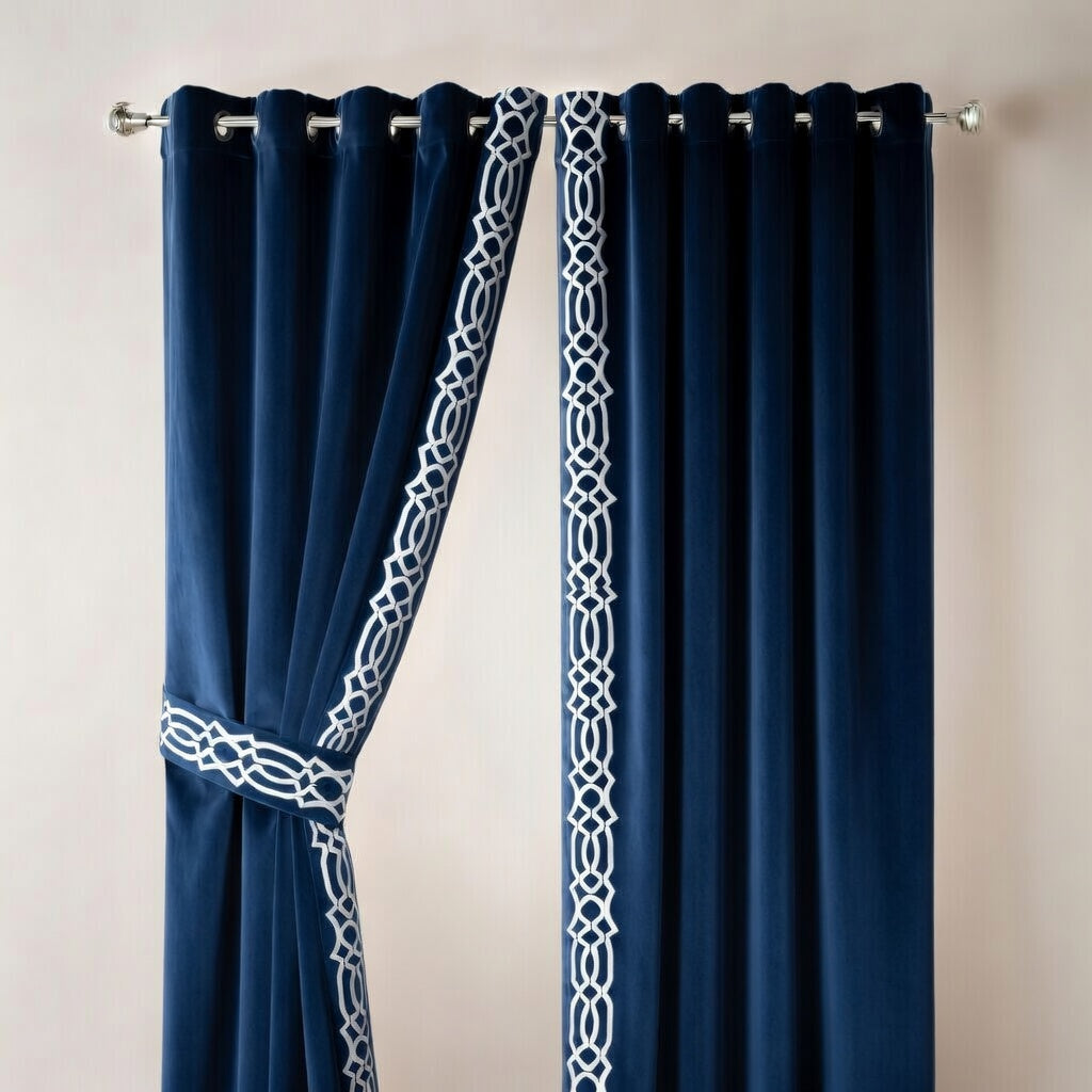 Navy blue curtains with white geometric patterns on a beige background