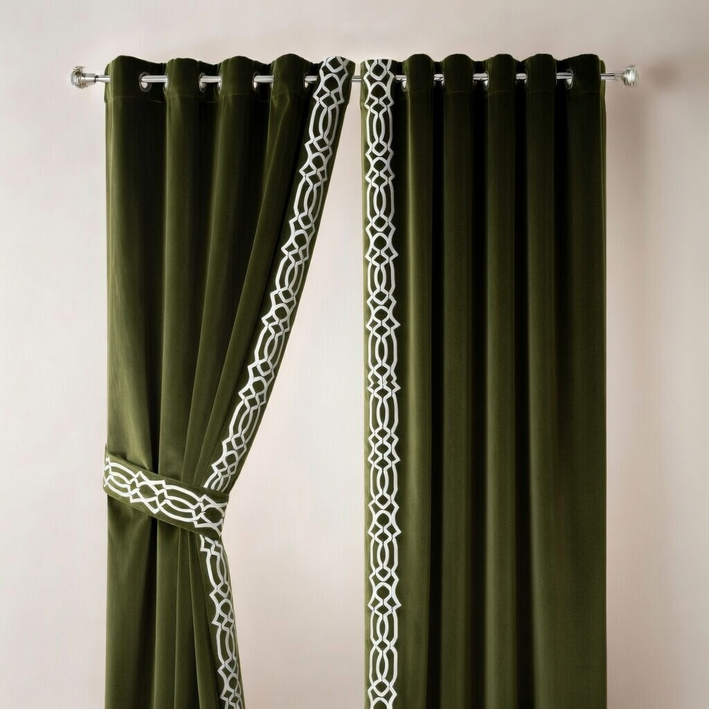 Green curtains with white geometric patterns on a plain background