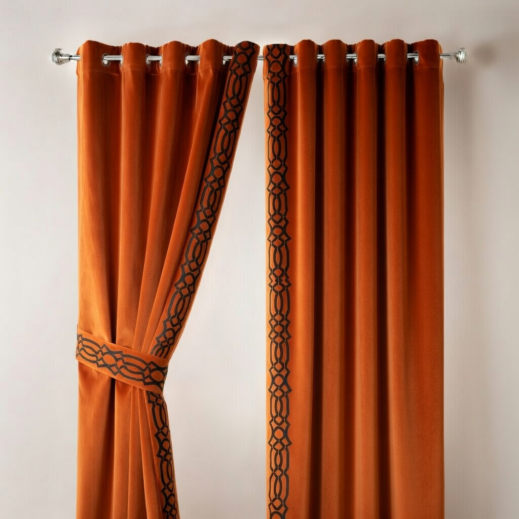 Pair of orange curtains with decorative black patterns on a plain background