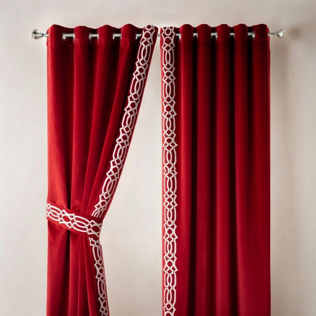 Red curtains with white geometric patterns on a plain background