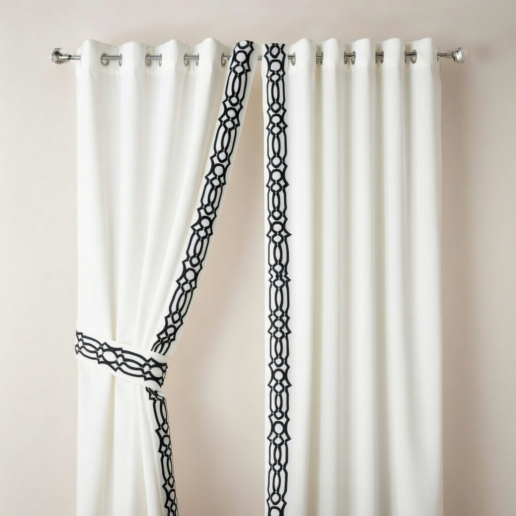 White curtains with black decorative trim on a beige background