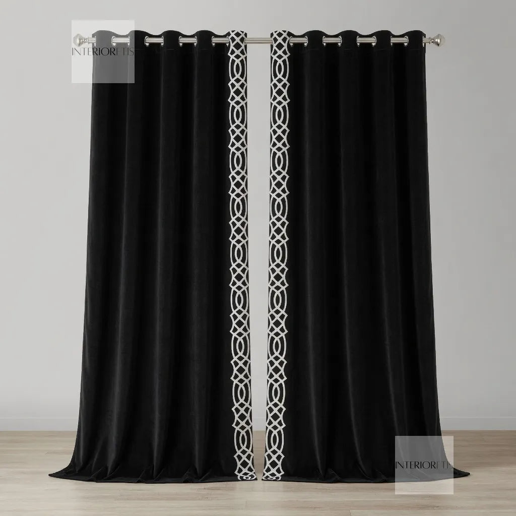Black curtains with a white geometric pattern on a gray background