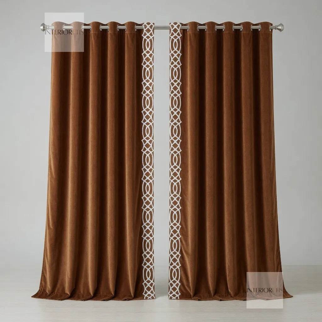 Brown curtains with a decorative white pattern on a gray background