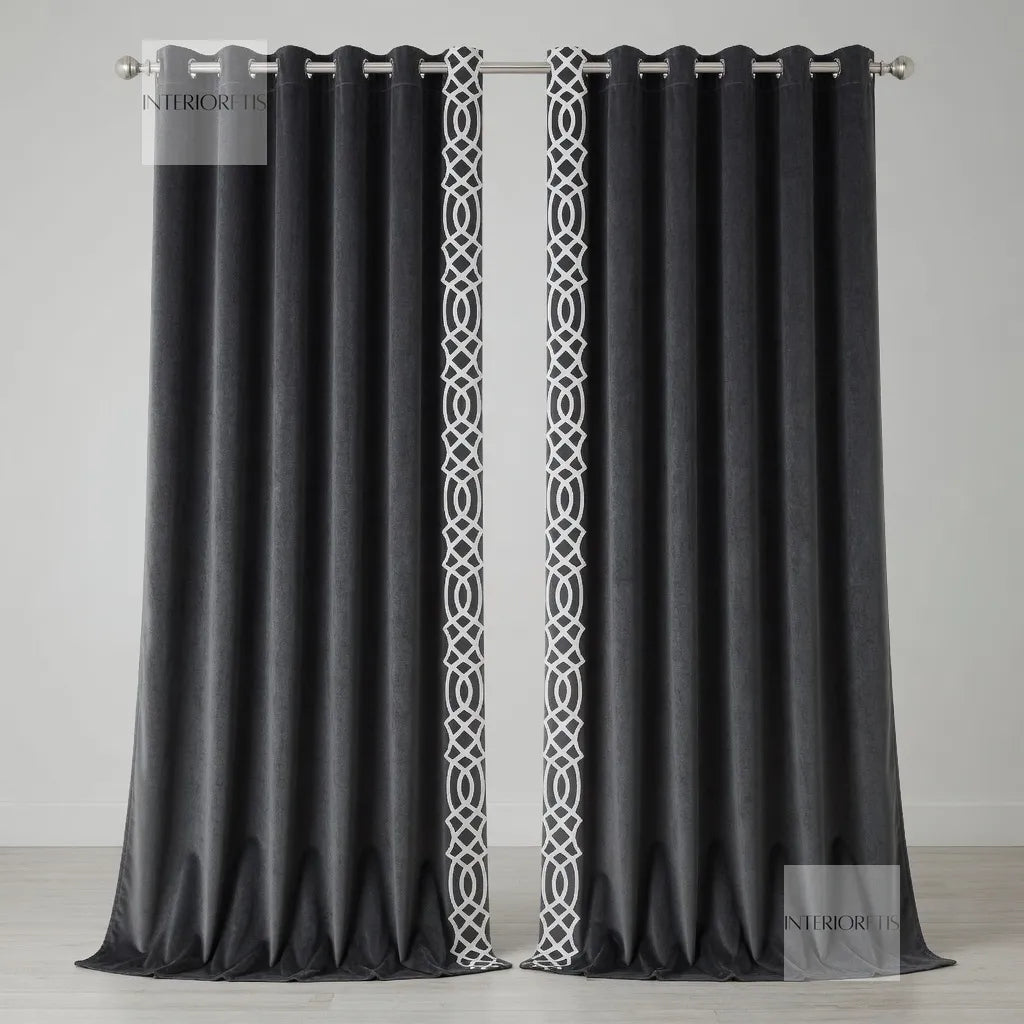 Green curtains with a white geometric pattern on a gray background