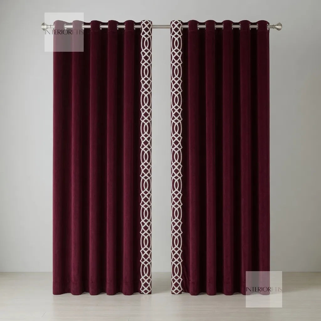Maroon curtains with a decorative white trim on a gray background