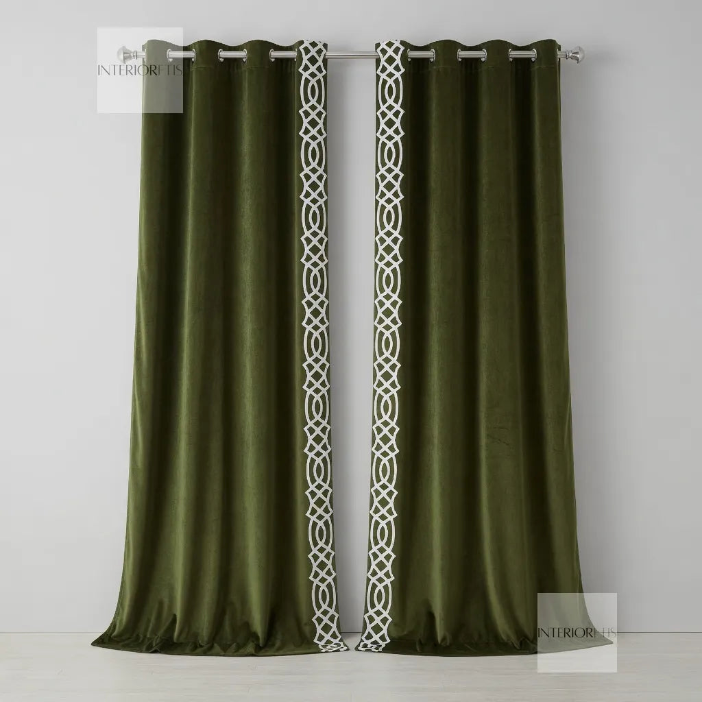 Pair of olive curtains with decorative white trim on a gray background