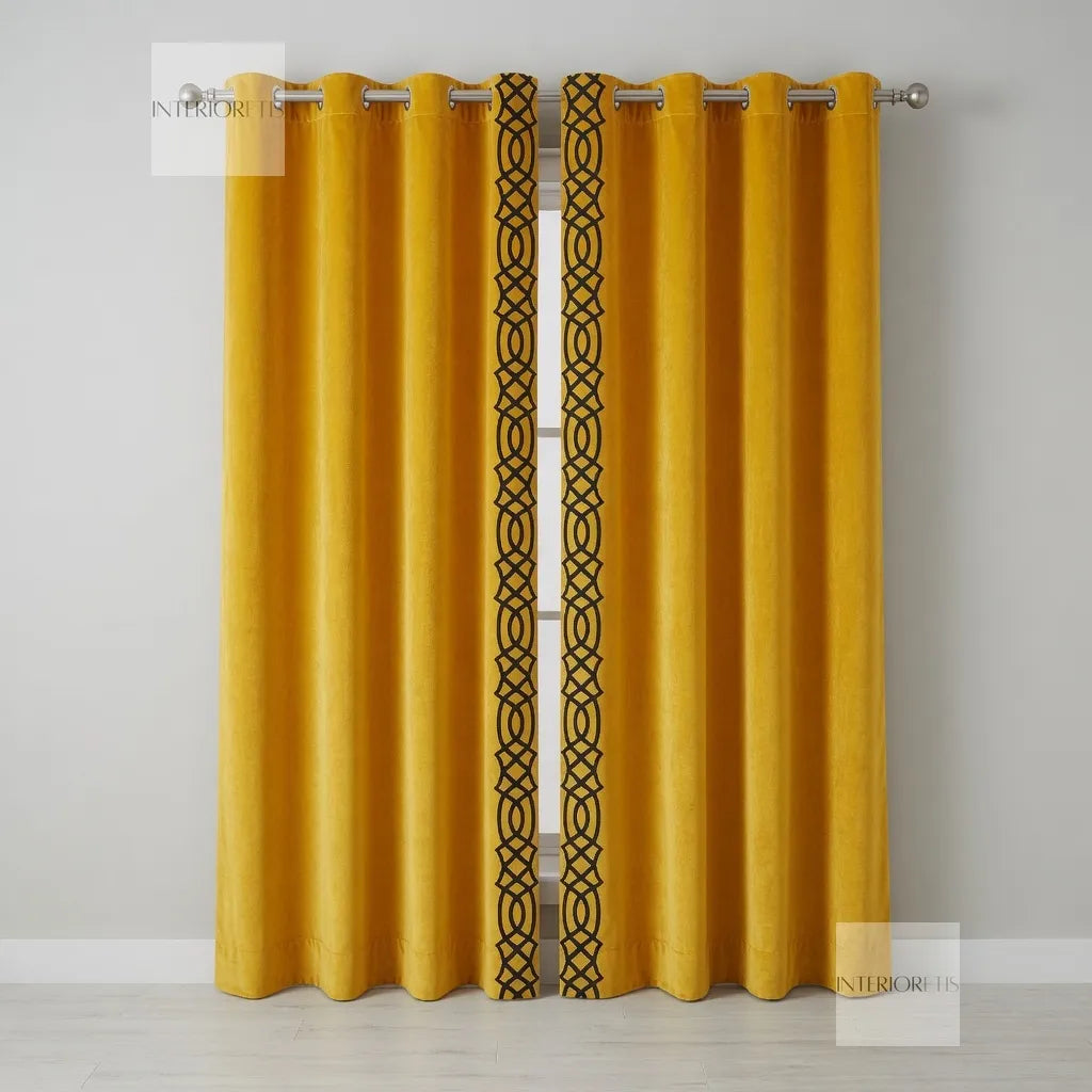 Yellow curtains with black geometric pattern on a gray background