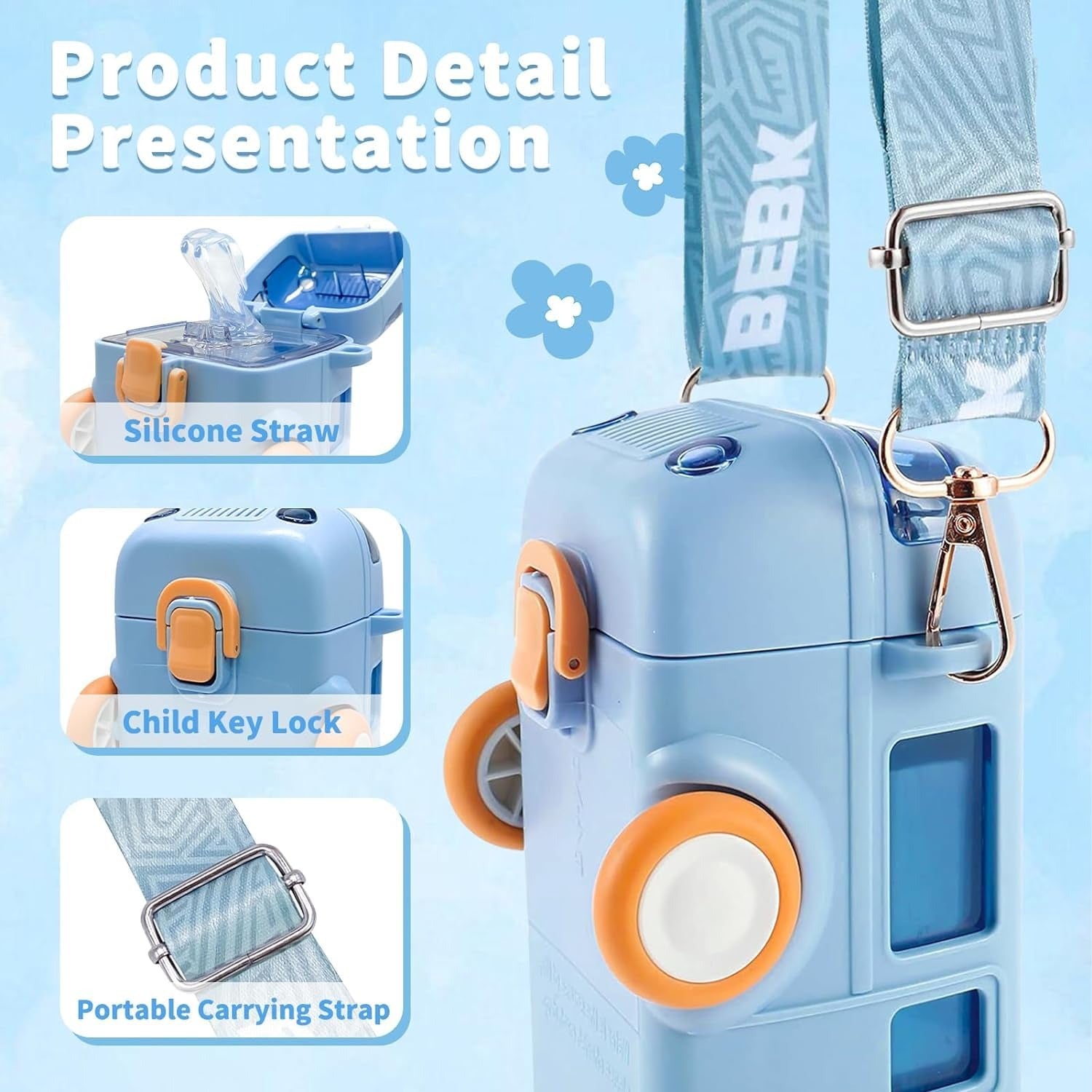 Kids Car Shape Water Bottle 500ml – Leak Proof Straw Bottle with Strap | Cute Cartoon Drinking Bottle for Boys & Girls