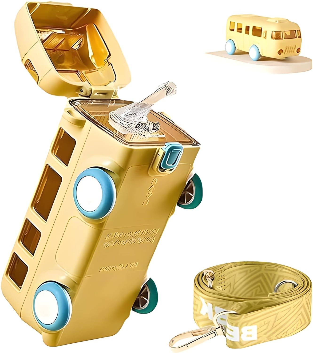 Kids Car Shape Water Bottle 500ml – Leak Proof Straw Bottle with Strap | Cute Cartoon Drinking Bottle for Boys & Girls