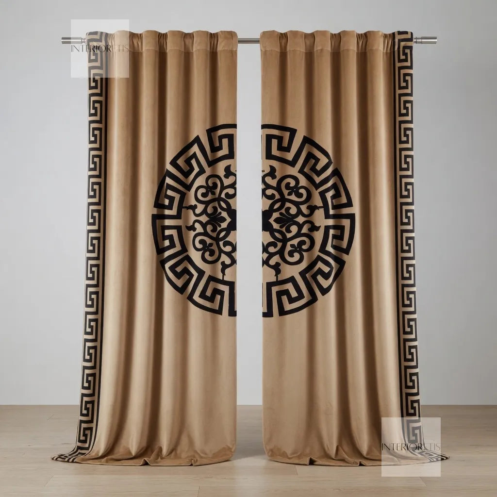 Beige curtains with black decorative pattern on a gray background