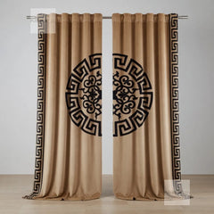 Beige curtains with black decorative pattern on a gray background