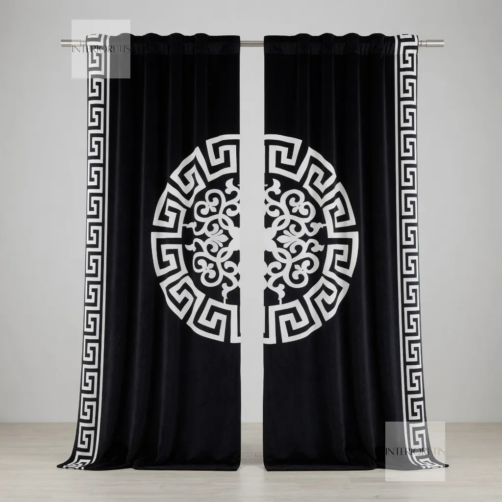 Black curtains with white geometric patterns on a gray background