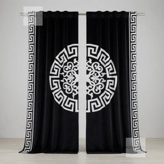 Black curtains with white geometric patterns on a gray background