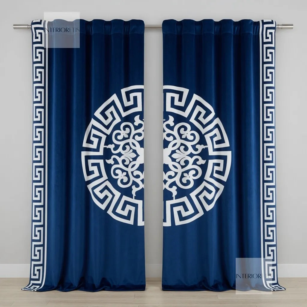 Navy blue curtains with white decorative patterns and Greek key borders on a gray background.