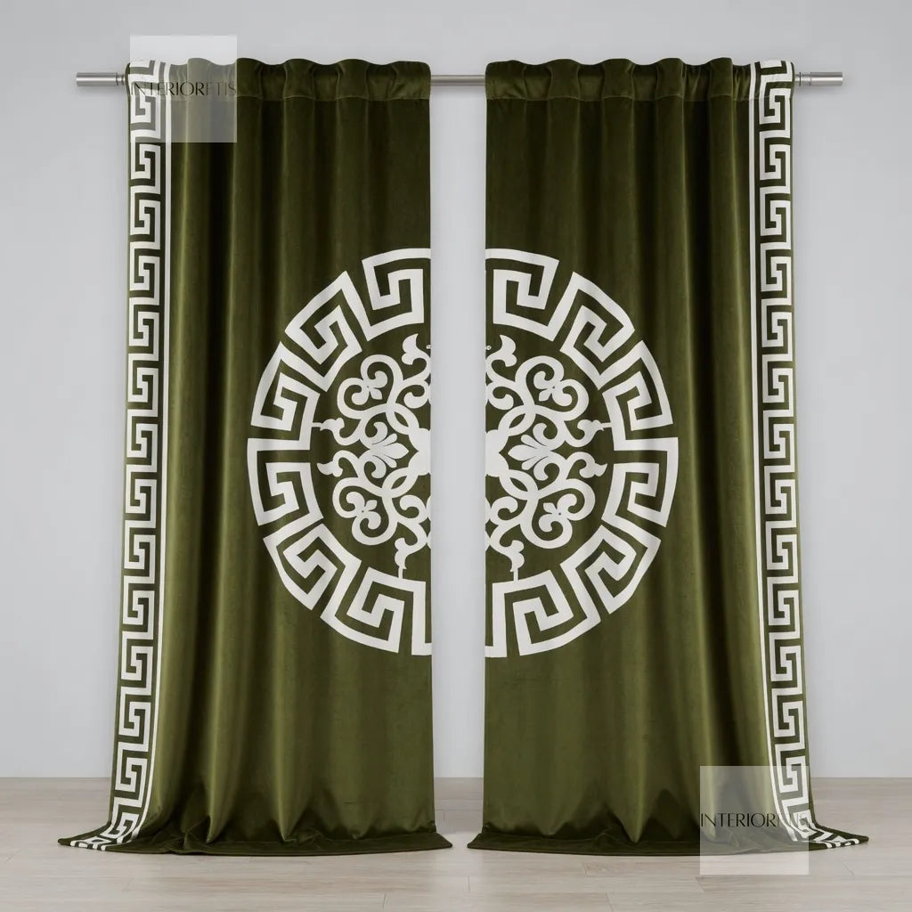 Brown curtains with white decorative patterns on a gray background