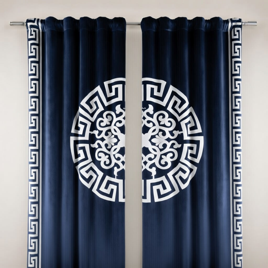 Navy blue curtains with white geometric patterns and border on a gray background