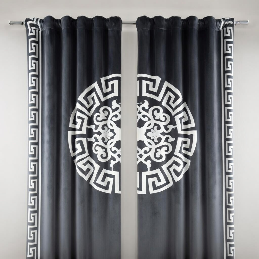Gray curtains with white decorative patterns on a gray background