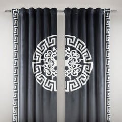 Gray curtains with white decorative patterns on a gray background
