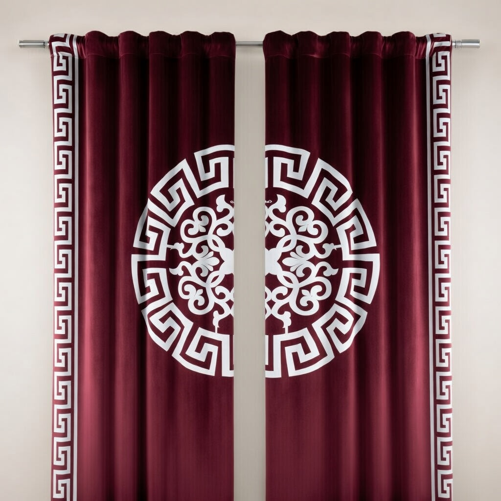 mehroon curtains with white decorative patterns on a plain background