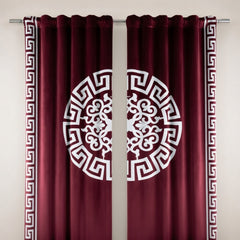 mehroon curtains with white decorative patterns on a plain background