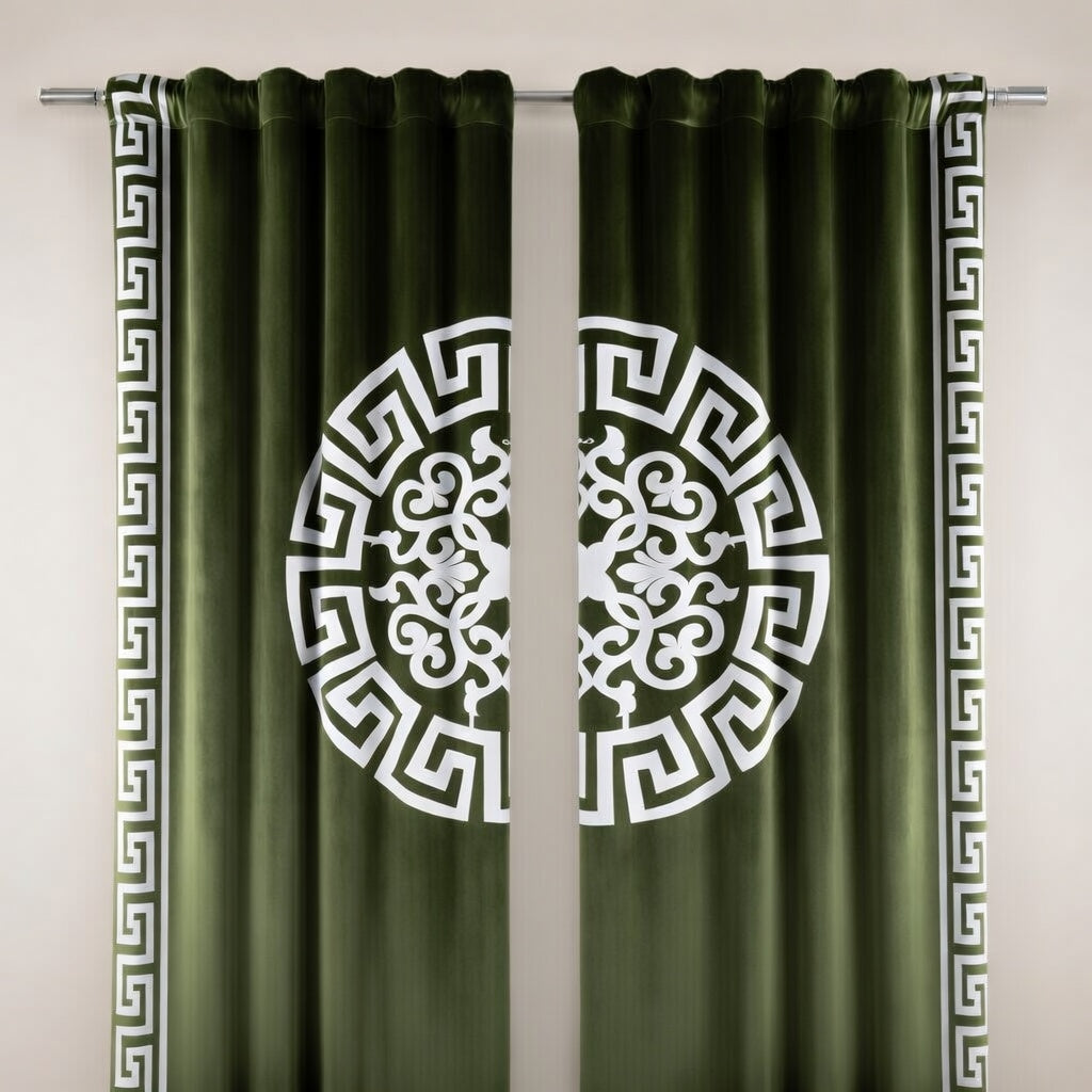 Green curtains with white decorative patterns on a neutral background