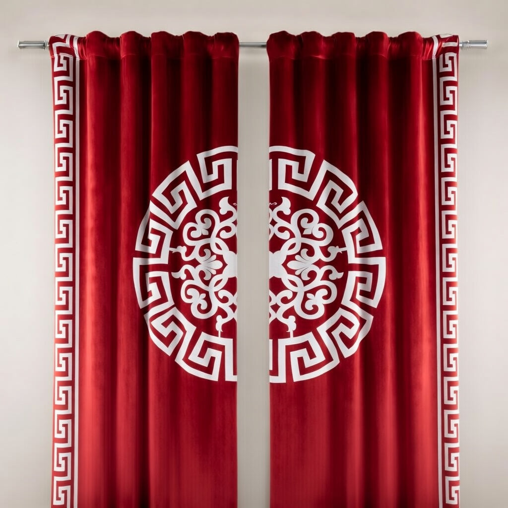 Red curtains with white decorative patterns on a gray background